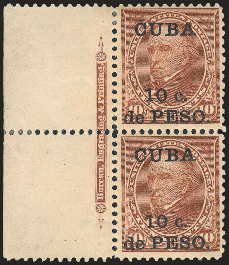 1900, 10c on 10c Brown, Ty. II (226A).> Vertical pair with <imprint selvage at left,> original gum, small h.r. at top, bright color<><>^VERY FINE. A RARE AND DESIRABLE IMPRINT PAIR OF THE CUBA 10-CENT TYPE II
ISSUE, WHICH ONLY EXISTS AS A SPECIAL P