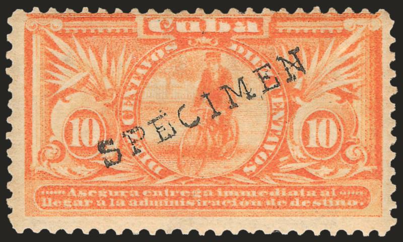 1899, 10c Orange, Special Delivery, Specimen Overprint (E2S).> Bold black Specimen overprint, original gum, h.r., small indentation at top right, Fine, this Specimen comes from a foreign postal archive and is
scarce, Scott Retail as normal