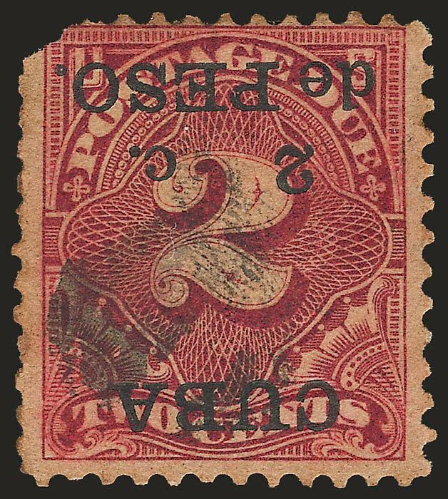 1899, 2c on 2c Deep Claret, Postage Due, Inverted Surcharge (J2a).> Light strike of cork cancel, rich color, defective with top left corner missing, otherwise Fine, very rare