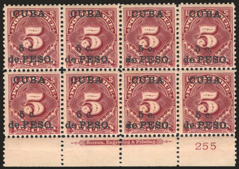 1899, 5c on 5c Deep Claret, Postage Due (J3).> Bottom imprint and plate no. 255 block of eight, appears Mint N.H., rich color, few minor perf separations, Fine-Very Fine, an attractive multiple