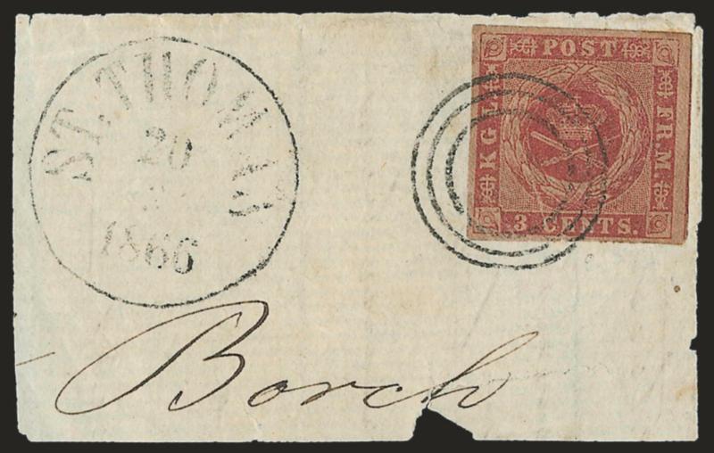 1856, 3c Dark Carmine, Brown Gum, 3c Rose (1, 2).> First with large margins and tied on piece by target cancel with St. Thomas 20 ? 1866 circular datestamp, few faults, second tied by target of large part of
folded letter (missing bottom half of co