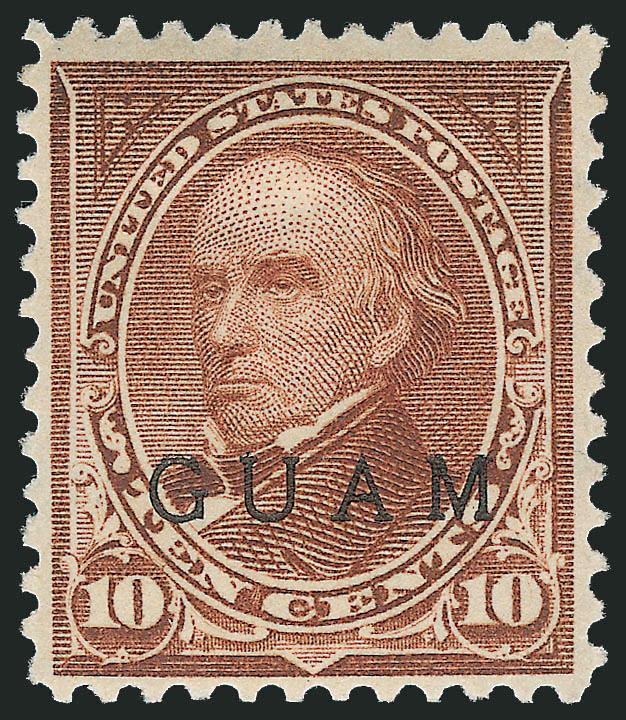 1899, 10c Brown, Ty. II (9).> Original gum, h.r., pretty shade, well-balanced margins<><>^VERY FINE ORIGINAL-GUM EXAMPLE OF THE RARE 1899 10-CENT TYPE II WITH GUAM OVERPRINT.^<><>The 10c Type II with Guam
overprint exists both as a regular issue