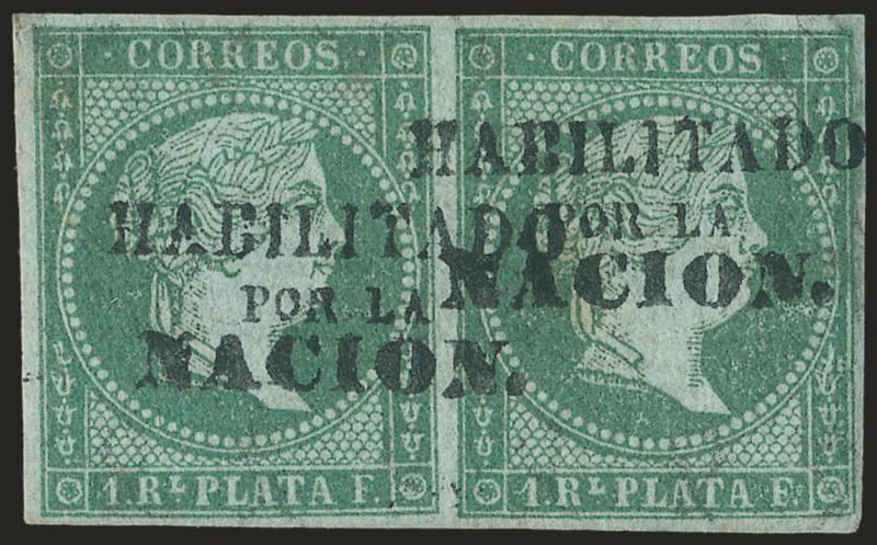 1873, 1r Green on Bluish (26).> Horizontal pair, original gum, h.r., large margins, rich color, Very Fine, Scott Retail as singles
