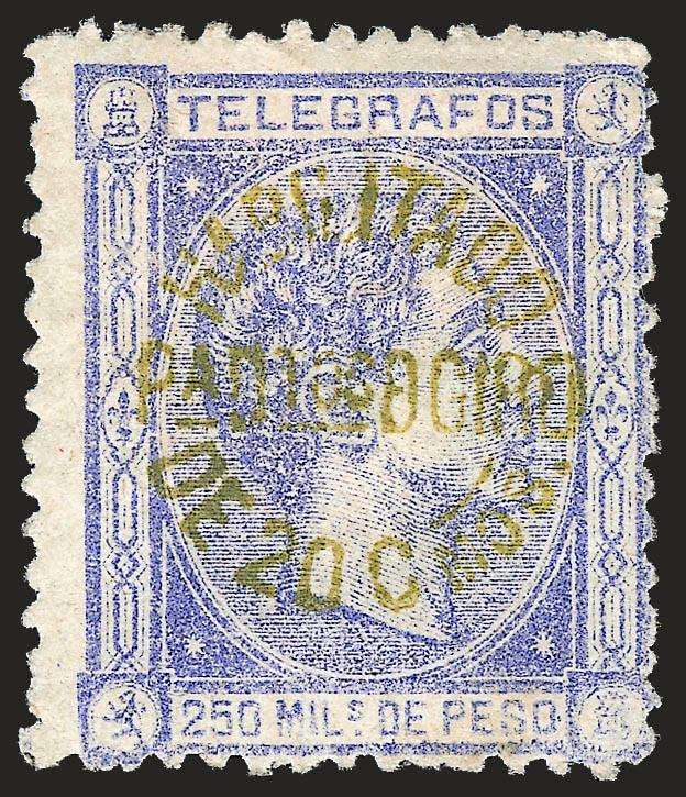 1883, 20c on 250m Ultramarine, Green Surcharge (133 var).> Original gum, h.r., bright color, tiny corner crease at top right, small thin spot, Fine appearance, an unusual variety, Scott Catalogue states that
this was surcharged in red or black so the
