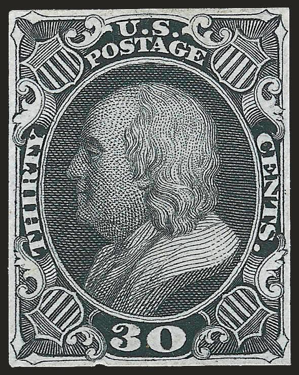 30c Black, Trial Color Plate Proof on India (38TC3).> Margins to just touched, bright shade, Fine
