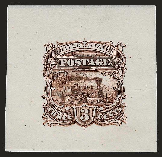 3c Cholcolate, Small Numeral Die Essay on India (114-E5).> Unlisted color, 35 x 35mm, card backing included but detached, deep rich color, Very Fine and choice, this essay is similar to the more common No.
114-E4, but includes vertical shading in the