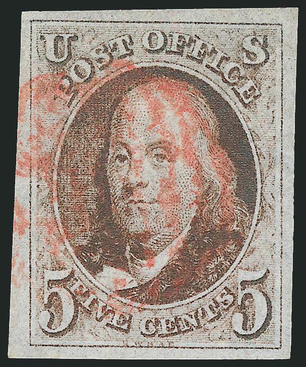 5c Brown (1).> Large even margins, lovely color and impression, nicely complemented by red grid cancel, Extremely Fine Gem, with 1990 P.F. and 2005 P.S.E. certificates (XF-Superb 95 SMQ $1,650.00)