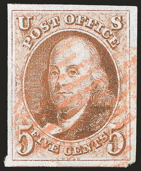 5c Red Brown (1).> Deep rich color and detailed impression, large margins all around, neat strike of red square grid, Extremely Fine, with 2000 P.F. certificate