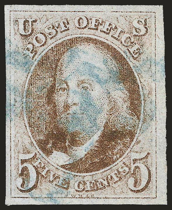 5c Brown (1).> Large to huge margins, <blue 5> numeral cancel, fresh and Extremely Fine, with 1985 P.F. certificate as Grayish Brown No. 1a and 2008 P.S.E. certificate as Brown No. 1 (XF 90 SMQ $810.00)