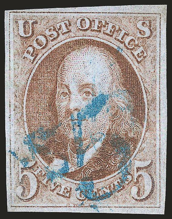 5c Red Brown (1).> Large margins to ample at top left, bright shade, neat strike of <blue 5 numeral> handstamp, fresh and Very Fine, with 2000 P.F. certificate
