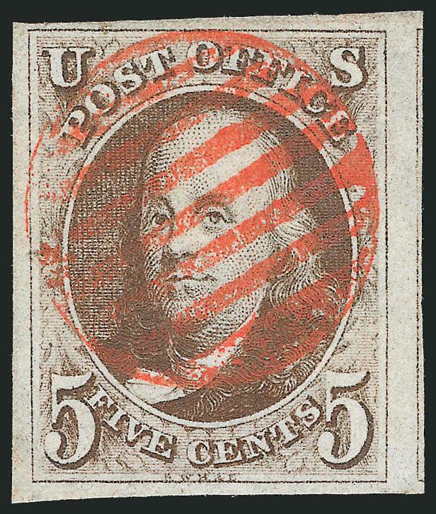 5c Dark Brown (1a).> Full to huge margins incl. part of adjoining stamp at right, intense color, bold strike of red grid cancel, Extremely Fine, with 1984 P.F. certificate