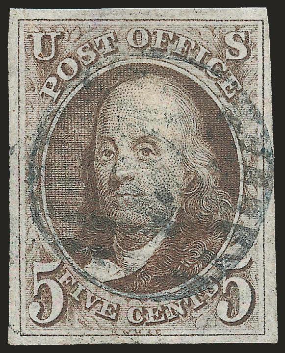 5c Dark Brown (1a).> Large even margins, intense shade and impression, neat strike of <blue grid> cancel, Very Fine and choice, with 1980 P.F. certificate