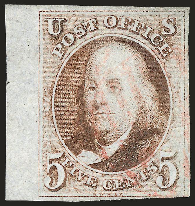 5c Red Brown (1).> Large margins to just clear incl. <sheet margin at left,> bright color, light strike of red grid cancel, impression slightly rubbed, otherwise Very Fine, with 2002 P.F. certificate
