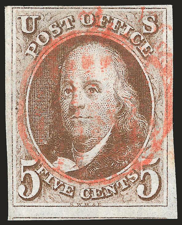 5c Red Brown (1).> Three full to large margins incl. frameline of adjoining stamp at bottom, ample at top, bright red grid cancel, tiny toned spot in right center margin, appears Fine, with 2002 P.F.
certificate