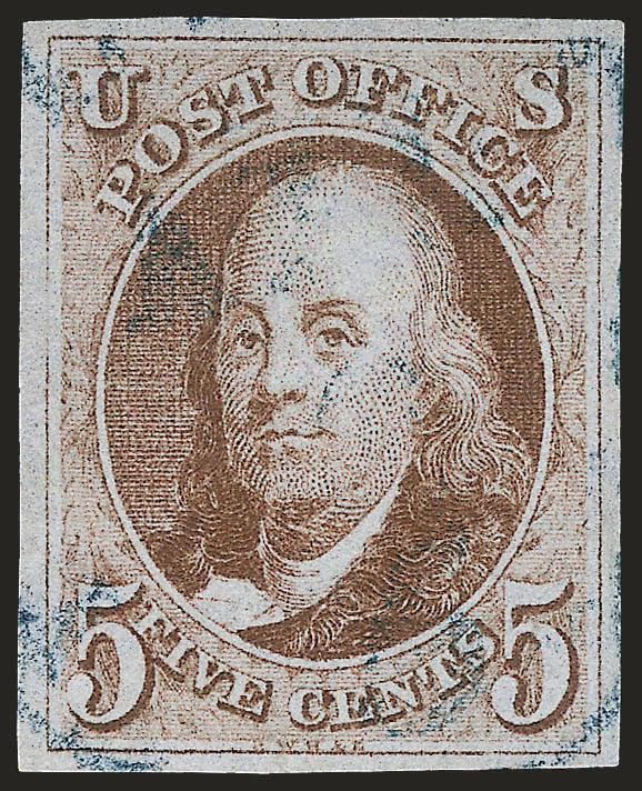 5c Brown (1).> Large margins all around, rich color and clear impression, light <blue circular datestamp,> Extremely Fine, with 2008 P.S.E. certificate (VF-XF 85 SMQ $710.00)