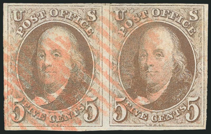 5c Brown (1).> Horizontal pair, large even margins all around, rich color, red New York square grid cancels, tiny scissors-cut at top entirely between stamps, Extremely Fine pair, ex Twigg-Smith, with 1989 P.F.
certificate