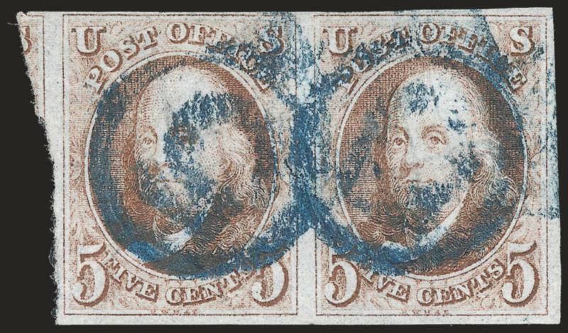 5c Red Brown (1).> Horizontal pair, clear to huge margins, clear impression, <each with dark blue numeral 5 cancel,> left stamp expertly pressed vertical crease, otherwise Fine-Very Fine