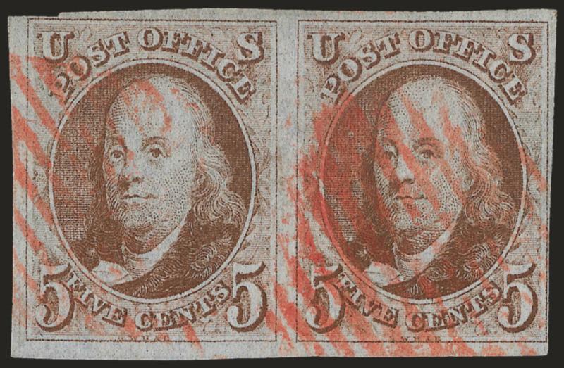 5c Red Brown (1).> Horizontal pair, clear to huge margins, lovely color and clear impression, red square grid cancels, Fine, with 1980 P.F. certificate