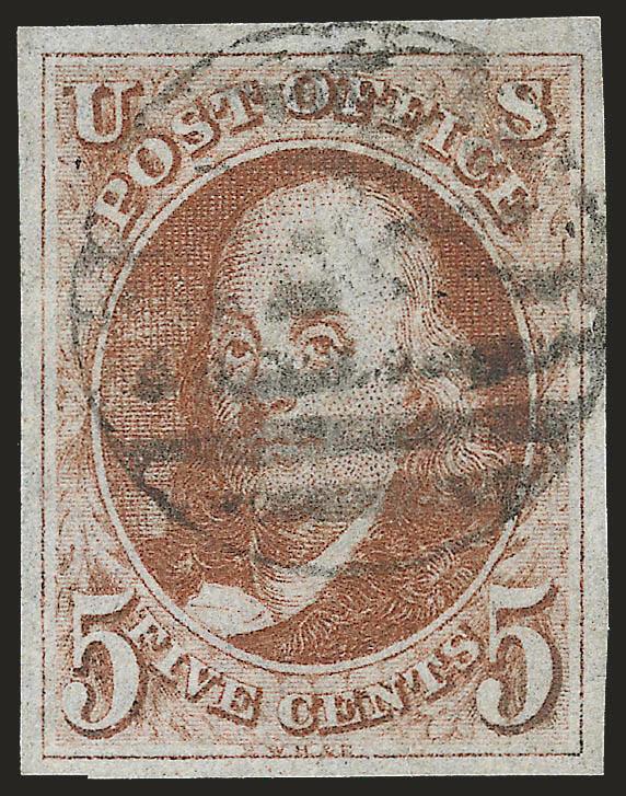 5c Orange Brown (1b).> Large even margins, rich color, well-struck <black grid> cancel, Extremely Fine, exceedingly rare and desirable with the black grid cancel, with 2005 and 2007 P.F. certificates (XF
90)