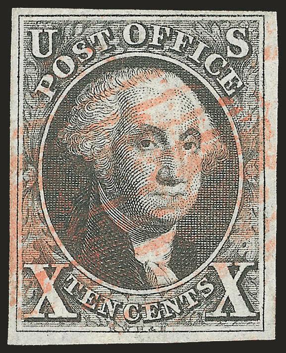10c Black (2).> Ample to large margins, dark color and sharp impression, light red square grid cancel, Very Fine, with 1983 P.F. certificate