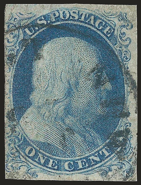 1c Blue, Ty. Ia (6).> Plate 4 bottom row, three large to huge margins, slightly in at left, circular datestamp, repaired tears top and bottom right, corner repair at bottom left with portion of design painted
in, Fine appearance, with 2008 P.F. certi