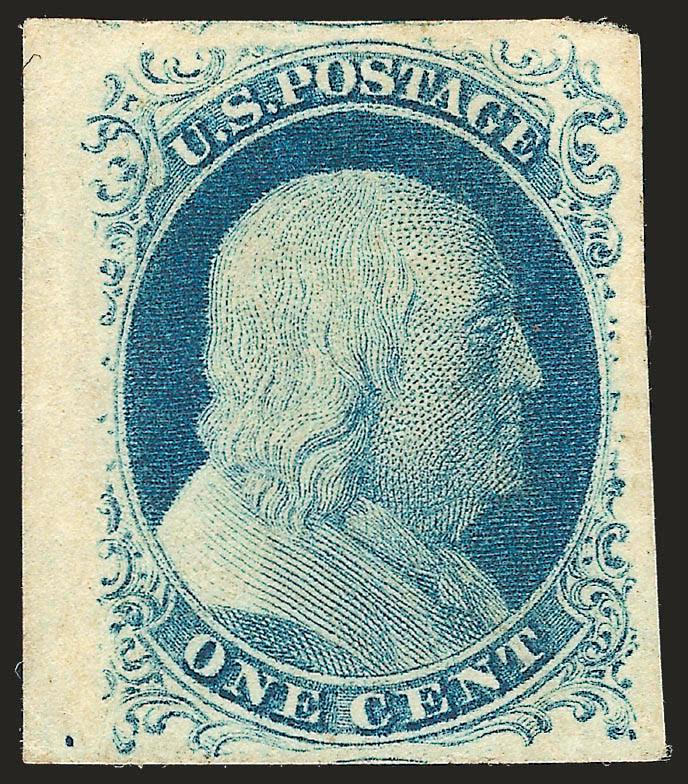 1c Blue, Ty. IV (9).> Original gum, large margins incl. trace of adjoining stamps at top and bottom and <sheet margin> at left, bright color in an unusual shade for Plate 1 Late (probably one of the early
printings from the reworked plate)<><>^EXTR