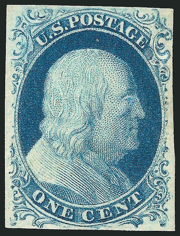 1c Blue, Ty. IV (9).> Original gum, lightly hinged, recut once at top and bottom, full even margins, deep rich color, Very Fine and choice, a beautiful stamp, with 1988 P.F. certificate