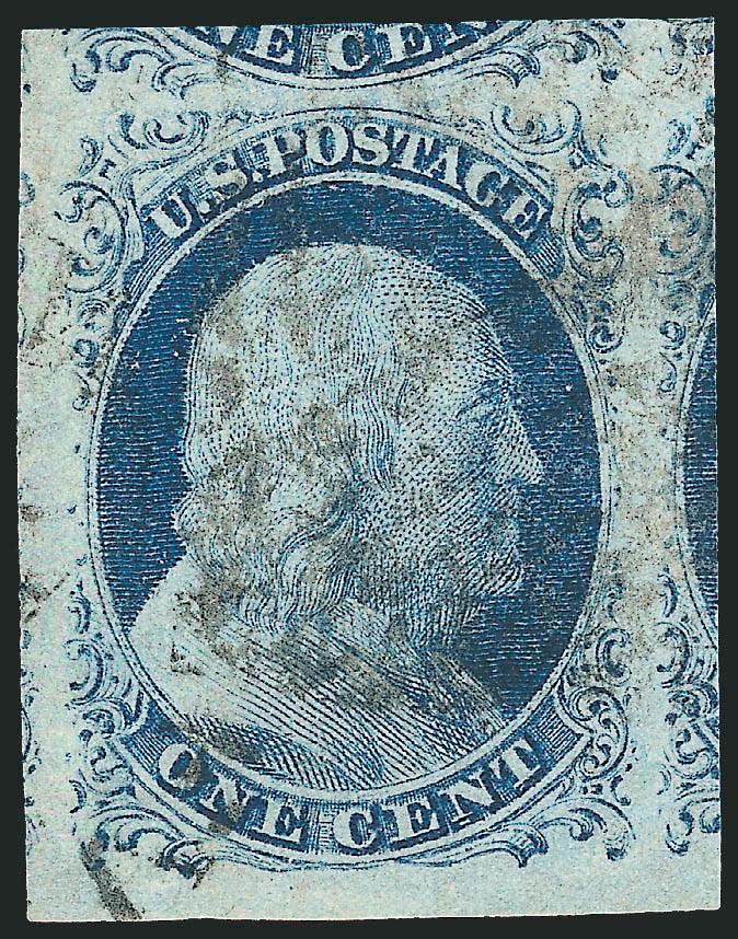 1c Blue, Ty. IV (9).> Position 94R1L, Jumbo margins showing parts of adjoining stamps on right and top, traces at left, sheet margin at bottom, deep rich color and detailed impression, blurry grid
cancel<><>^EXTREMELY FINE GEM. A RARE EXAMPLE OF TH