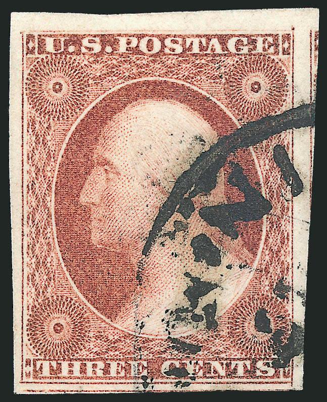 3c Claret, Ty. I (11).> Large to huge margins showing parts of two adjoining stamps and part sheet margin at top, marvelous strong color, bold circular datestamp, Extremely Fine Gem, with 2007 P.S.E.
certificate (XF-Superb 95 SMQ $425.00)