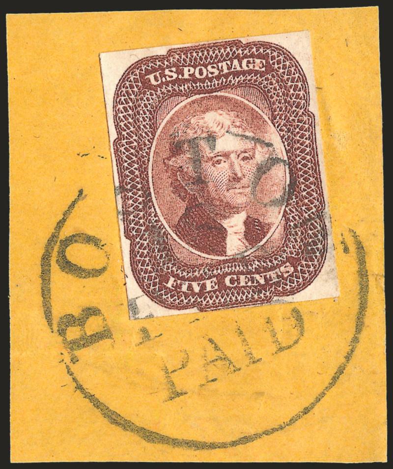 5c Red Brown, Defective Transfer (12).> Position 23R showing distinctive white cloud to right of portrait, full margins to just touched, tied on small orange piece by Boston Paid 18 Feb. circular datestamp,
Very Fine, in our opinion this variety