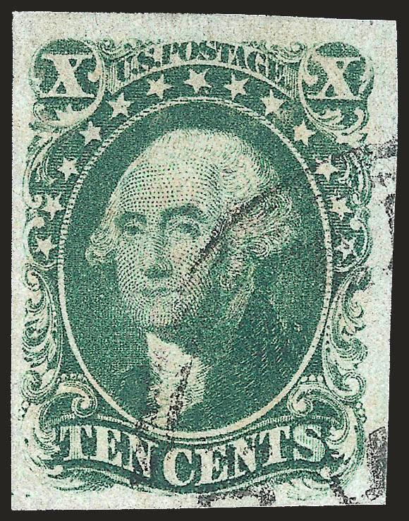 10c Green, Ty. I (13).> Large to huge margins, wonderful deep rich color, light almost face-free circular datestamp, tiny inconsequential crease, otherwise Extremely Fine