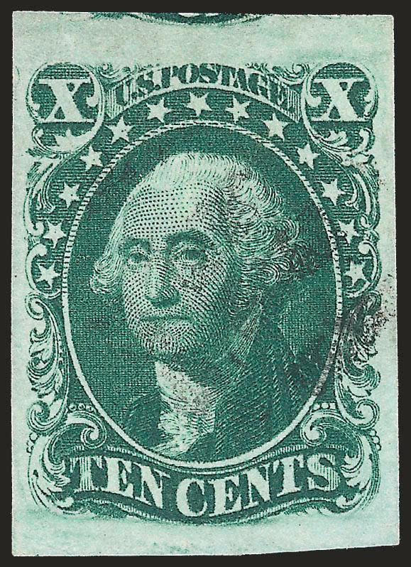 10c Green, Ty. III (15).> Huge margins to large incl. part of adjoining stamp at top, rich color on crisp paper, light strike of grid cancel, Extremely Fine Gem, a pretty stamp, with 2006 P.S.E. certificate
(XF-Superb 95 SMQ $700.00)