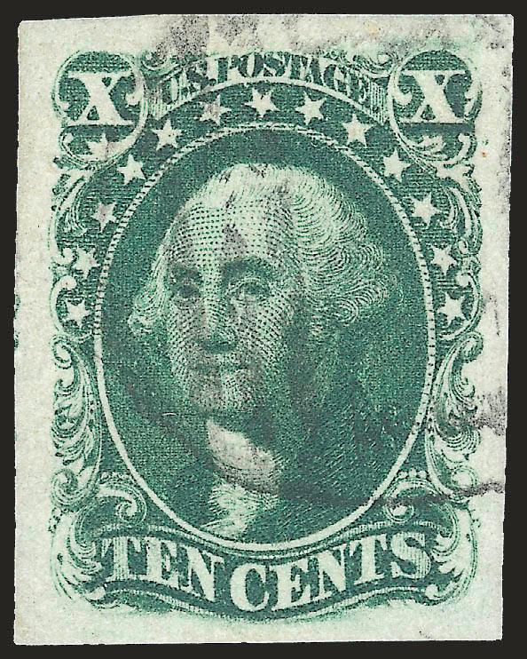 10c Green, Ty. III (15).> Huge and balanced margins, rich color on bright paper, bold strike of large Boston Paid grid cancel, Extremely Fine Gem, with 2003 P.F. and 2005 P.S.E. certificates (XF-Superb 95 SMQ
$700.00)