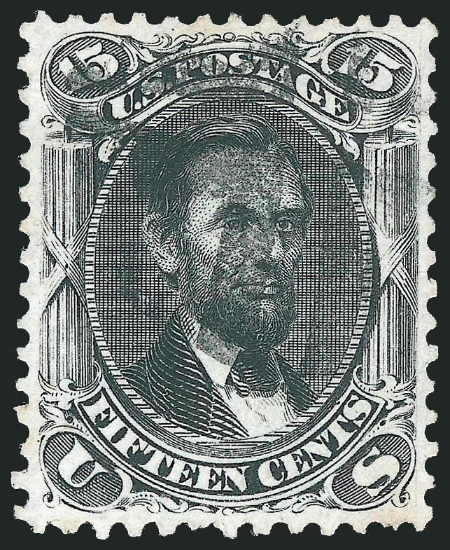15c Black (77).> Wide margins and almost precisely centered, sharp impression on bright white paper, bold grid cancel, Extremely Fine, with 2003 P.F. and 2005 P.S.E. certificates (XF 90 SMQ $620.00)