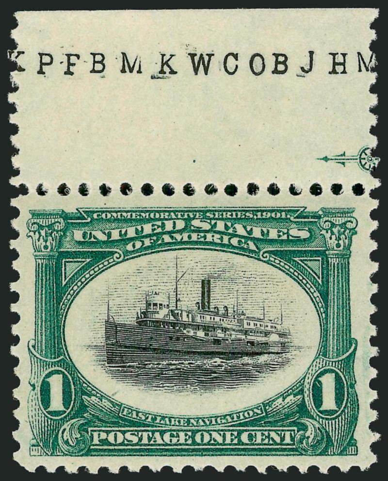 1c Pan-American (294).> Mint N.H. with <siderographers type and part imprint at top,> deep rich color, wide margins for this issue, fresh and Extremely Fine, ex Scarsdale, with 2002 P.F. certificate, with 2004
P.S.E. certificate (XF 90 Jumbo SMQ $1