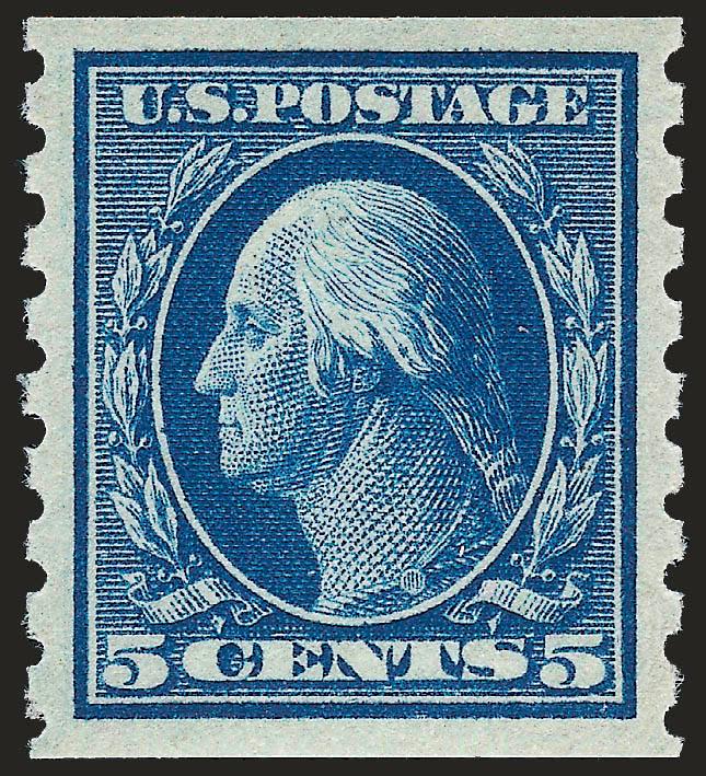 5c Blue, Coil (351).> Perfectly centered with wide margins, wonderful deep color, lightly hinged, Extremely Fine Gem, with 2008 P.S.E. certificate (OGph, Gem 100 SMQ $650.00 as 98, unpriced in this desirable
high grade), this is the only No. 351 to