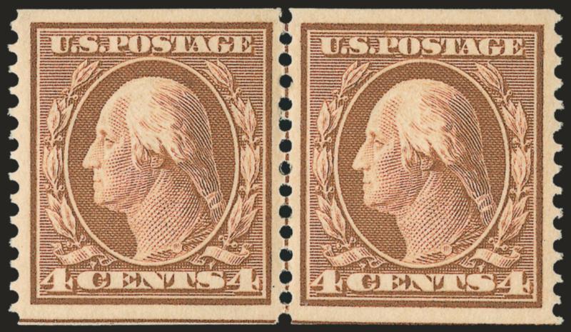 4c Orange Brown, Coil (354).> Guide line pair, lightly hinged, sharp proof-like impression, almost perfectly centered, two or three expertly rejoined perfs at top<><>^EXTREMELY FINE GEM. A SUPERB GUIDE LINE
PAIR OF THE 4-CENT DOUBLE-LINE WATERMARKE