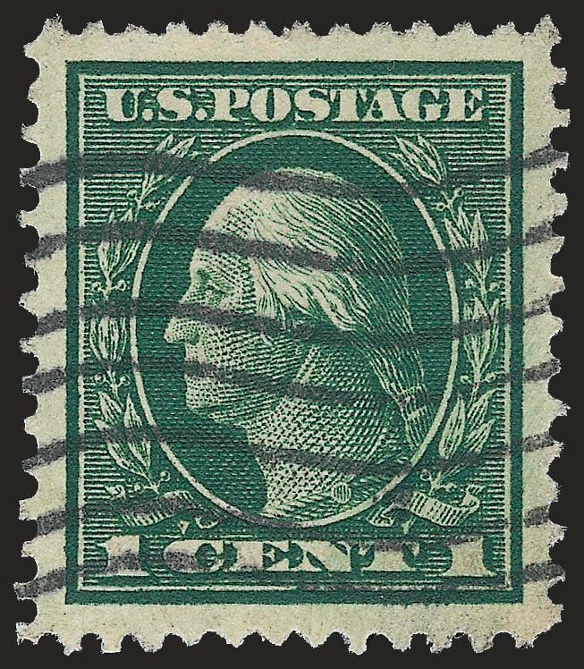 1c Green (405).> Perfect centering with Jumbo margins, rich color, neat wavy-lines cancel, Extremely Fine Gem, a magnificent stamp in every respect, with 2008 P.S.E. certificate (Gem 100 Jumbo unpriced above
the grade of 98, SMQ $200.00 as 98), thre