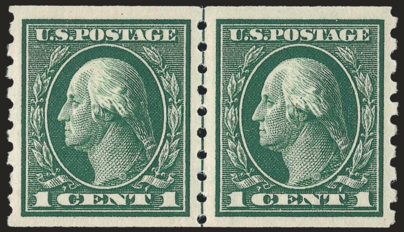 1c Green, Coil (412).> Mint N.H. guide line pair, rich color and proof-like impression on bright white paper, Extremely Fine, with 2002 P.F. certificate