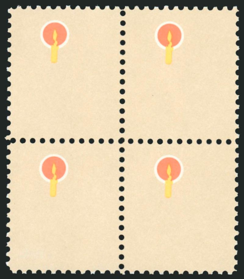 $1.00 Candleholder, Brown (Engraved) Omitted (1610a).> Mint N.H. block of four, bright colors, Very Fine and choice, a scarce and desirable Mint N.H. block of this distinctive error