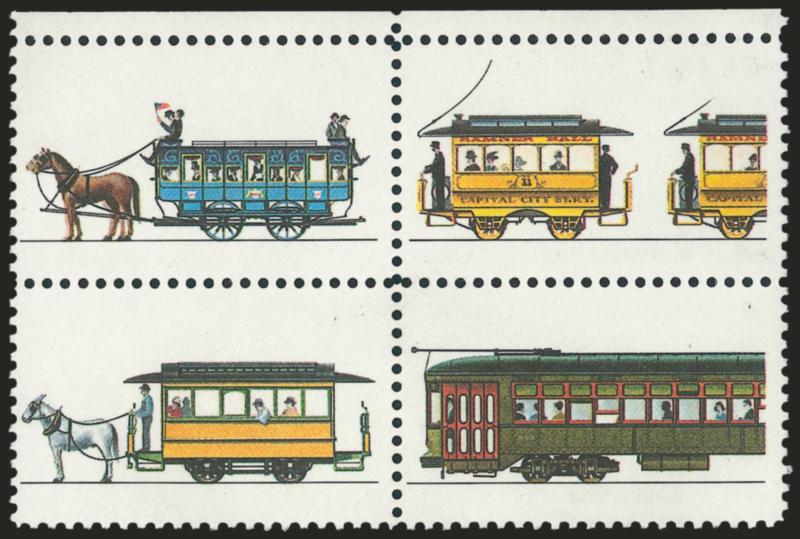 20c Streetcars, Intaglio Black Omitted (2062b).> Mint N.H. block of four with selvage at top, Very Fine and choice