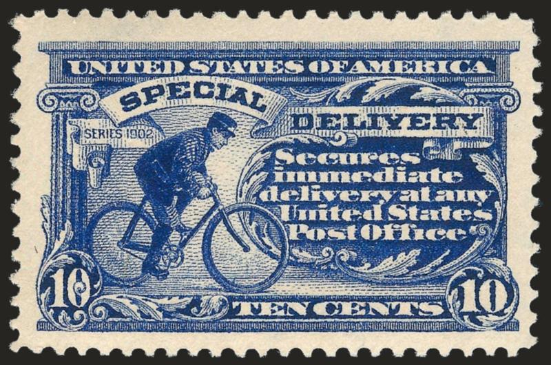 10c Ultramarine, Special Delivery (E8).> Mint N.H., fabulous Jumbo margins, magnificent dark color (midnight blue) on bright crisp paper, Very Fine and choice, with 2008 P.S.E. certificate (VF-XF 85 Jumbo SMQ
$335.00 as 85, $500.00 as 90)
