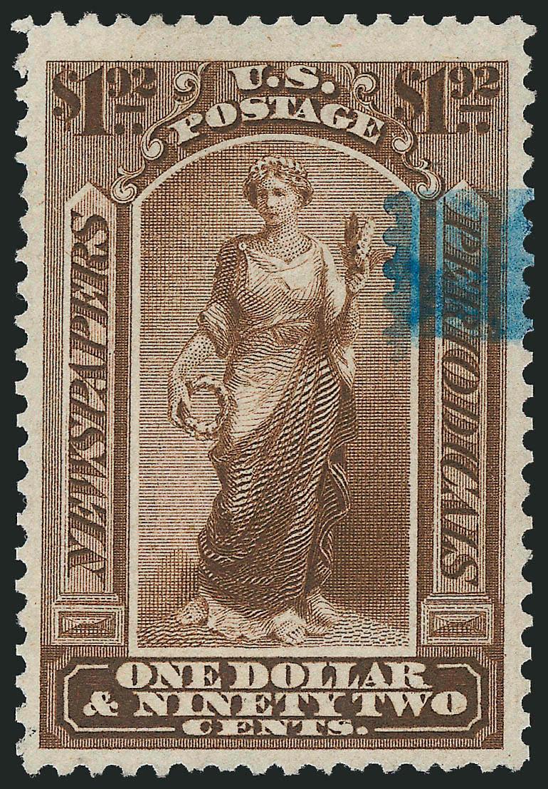 $1.92 Dark Brown, 1875 Issue (PR24).> Choice margins and attractive centering, rich color, small blue brush stroke cancel, Very Fine and choice, scarce in this high-quality used condition, with 2009 P.S.E.
certificate