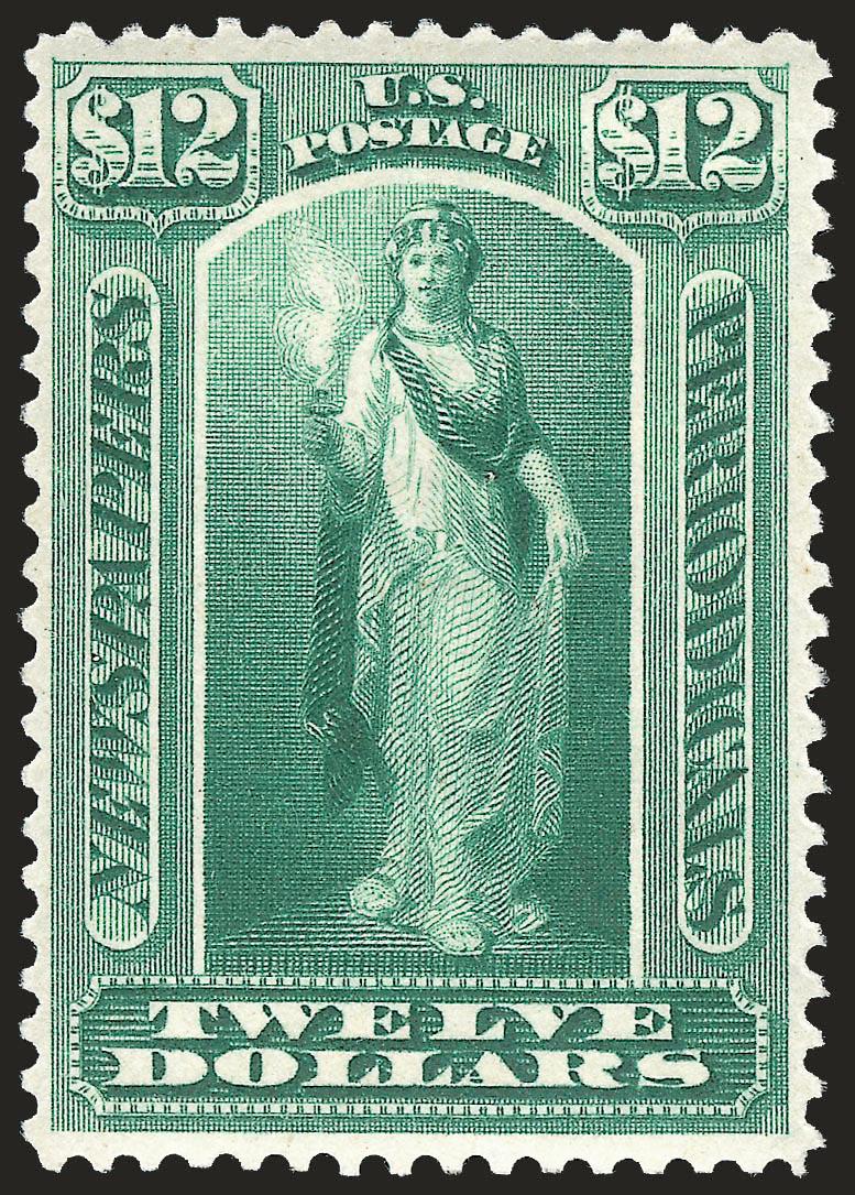 $12.00 Yellow Green, 1879 Issue, American Bank Note Co. Special Printing, Privately Perforated (PR75 var).> Original gum, h.r., rich color on bright paper, Very Fine and choice, with 2008 P.F. certificate (XF
90), it is believed that one set of sheet