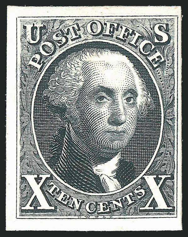 5c Red Brown, 10c Black, 1875 Reproduction, Plate Proofs on Card (3P4-4P4).> Two sets, large margins, bright colors, Very Fine, accompanied by original envelope with printed United States Postage Stamps. 1847.
Proof Specimens