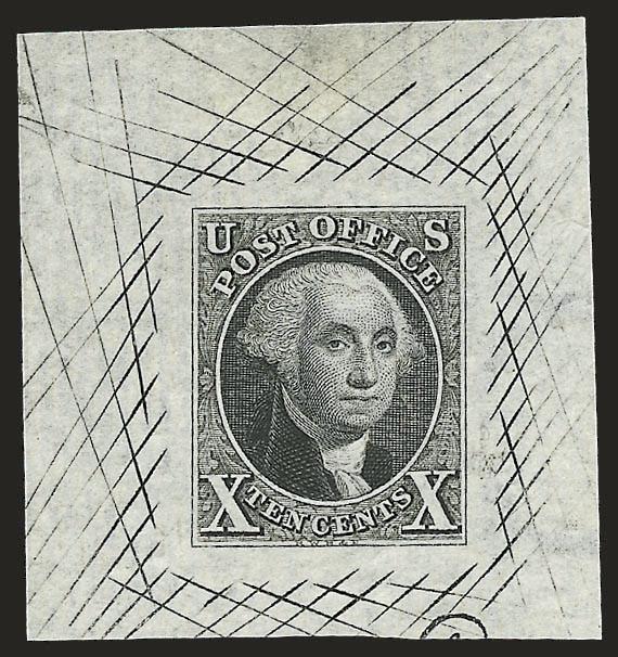 10c Black, Large Die Proof on White Laid Paper (2P1c).> 39 x 41 mm with cross-hatching, tiny part of papermakers printed trademark on front at bottom right, Extremely Fine, ex Finkelberg