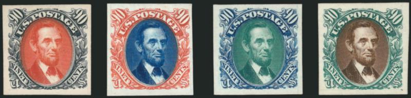 15c-90c 1869 Pictorial Issue, Atlanta Trial Color Plate Proofs on Card (129TC-132TC).> Incl. seven 15c, complete for 24c, thirteen 30c and seven 90c, large margins, brilliant colors<><>^VERY FINE AND CHOICE
GROUP OF THE HIGH VALUES OF THE 1869 PICT