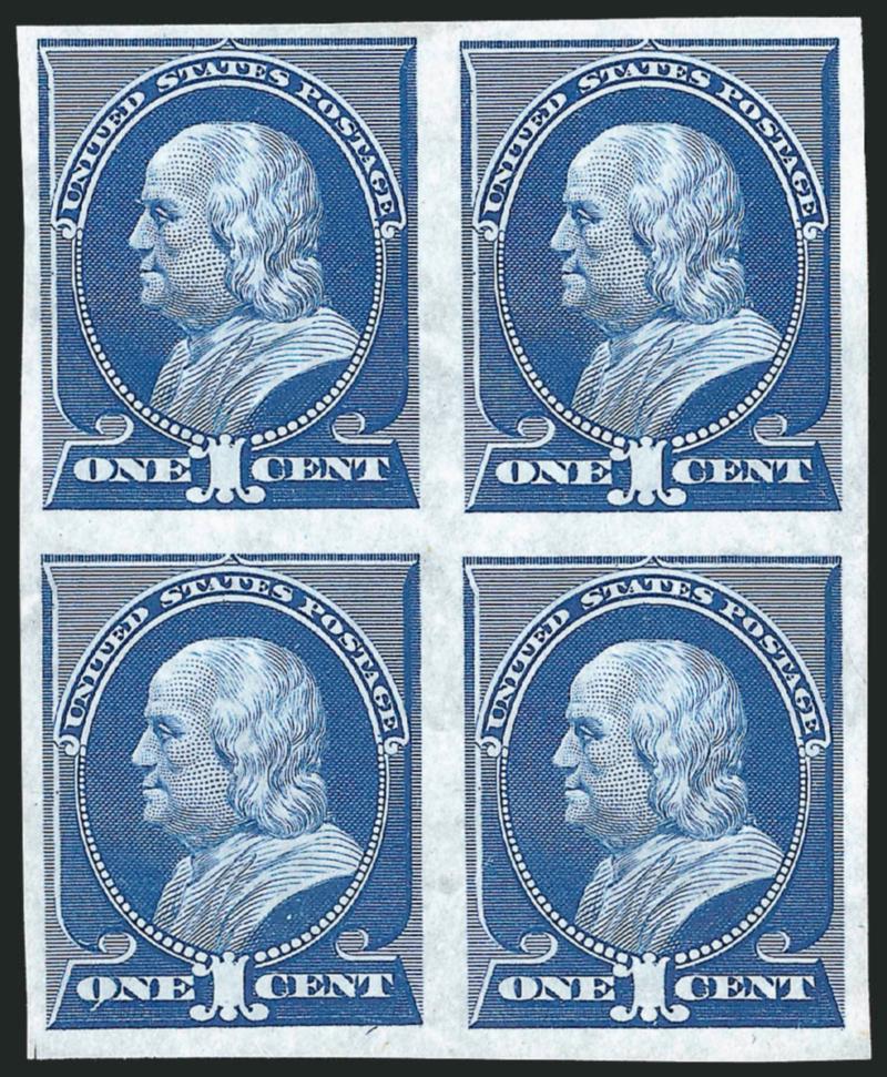 1c Ultramarine, Plate Proof on India (212P3).> Block of four, large to huge margins all around, deep rich color, Extremely Fine