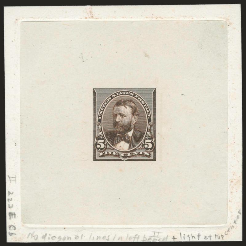 5c Orange Brown, Large Die Essay on India (223-E10a).> On 72 x 72mm card with full die sinkage, rich color, pencil notation on card explaining the essays characteristics, Very Fine and choice, scarce, this is
the first we have offered since keeping