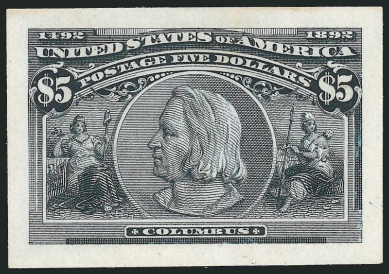 1c-$5.00 Columbian, Small Die Proofs (230P2-245P2).> Complete set from a Roosevelt album, carefully removed from gray card, 6c, 8c and $4.00 slight bleed-through on backs from aniline ink, 30c trivial light
black line in top margin, $2.00 few lines